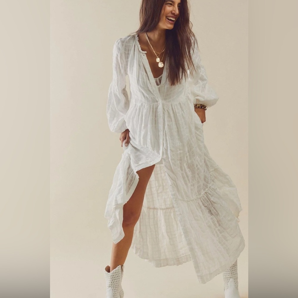 Free People White Gauze Long Sleeve Tiered Maxi Dress - Picture 4 of 9